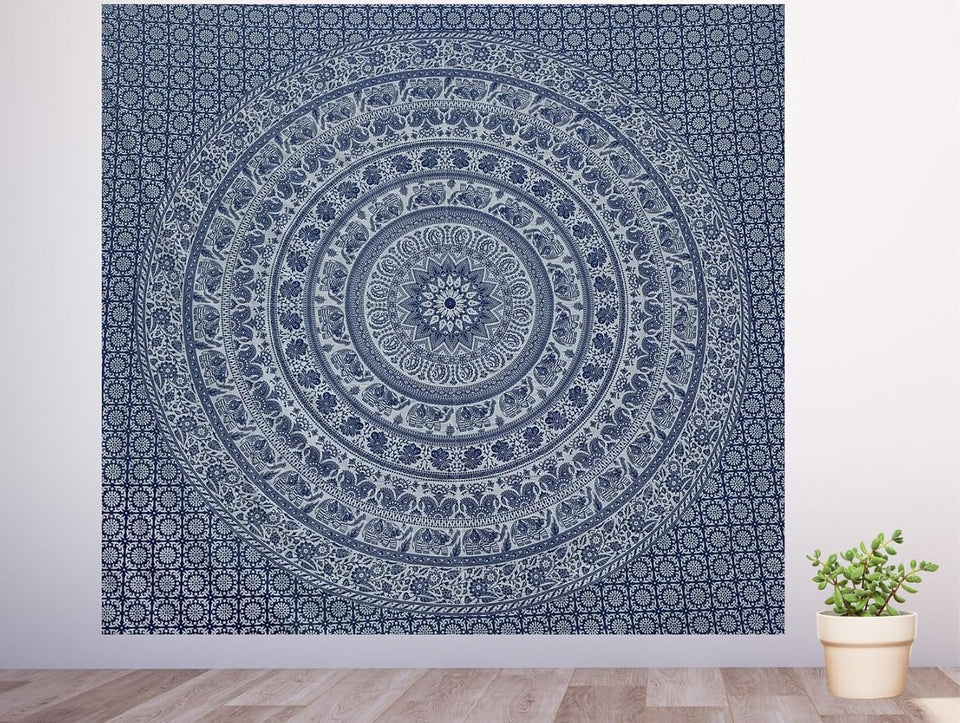 Bless International Handmade Indian hippie Bohemian Psychedelic Elephant Mandala Wall hanging College Dorm Beach Throws Table Cloth Bedding Tapestry (Navy Blue and Silver)