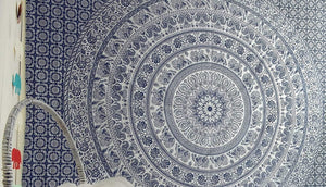 Bless International Handmade Indian hippie Bohemian Psychedelic Elephant Mandala Wall hanging College Dorm Beach Throws Table Cloth Bedding Tapestry (Navy Blue and Silver)