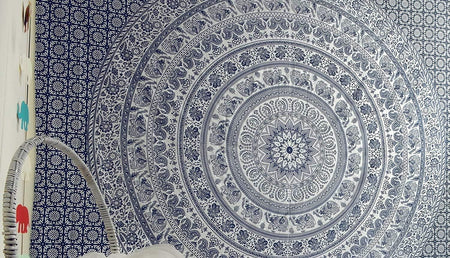 Bless International Handmade Indian hippie Bohemian Psychedelic Elephant Mandala Wall hanging College Dorm Beach Throws Table Cloth Bedding Tapestry (Navy Blue and Silver)