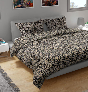 Bless International Handmade Organic Cotton Kantha Quilt Luxury Comforter 3-Pieces Set - Lightweight Block Printed & Stitched - Cal King, Black Gold Bedspread (Includes 1 Quilt and 2 Pillow Shams)