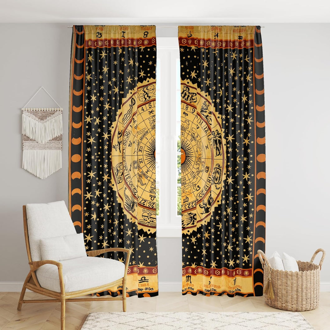 Bless International Beautiful Indian Bohemian Psychedelic Hippie Tie Dye Window Curtain Panels for Bedroom, Living, Balcony (Golden Horoscope (38x83 Inches)(96x210 Cms))