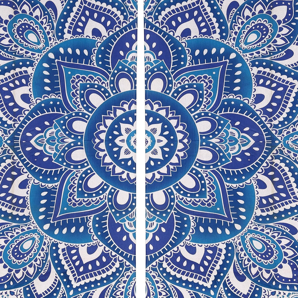 Bless International Beautiful Indian Bohemian Psychedelic Hippie Ombre Window Curtain Panels for Bedroom, Living, Balcony (Blue White Flower (38x83 Inches)(96x210 Cms))