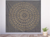 Bless International Handmade Indian hippie Bohemian Psychedelic Elephant Mandala Wall hanging College Dorm Beach Throws Table Cloth Bedding Tapestry (Navy Blue and Gold)