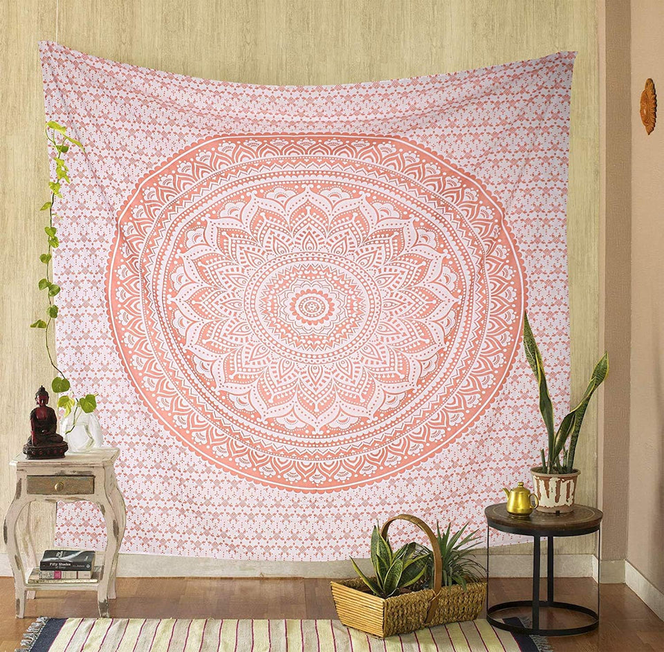 Bless International Indian Traditional Mandala Hippie Wall Hanging, Cotton Tapestry Ombre Bohemian Bedspread (Rose Gold)