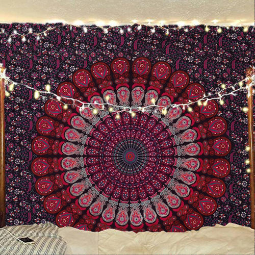 Indian Hippie Bohemian Psychedelic Peacock Mandala Wall Hanging Bedding Tapestry (Purple Pink)