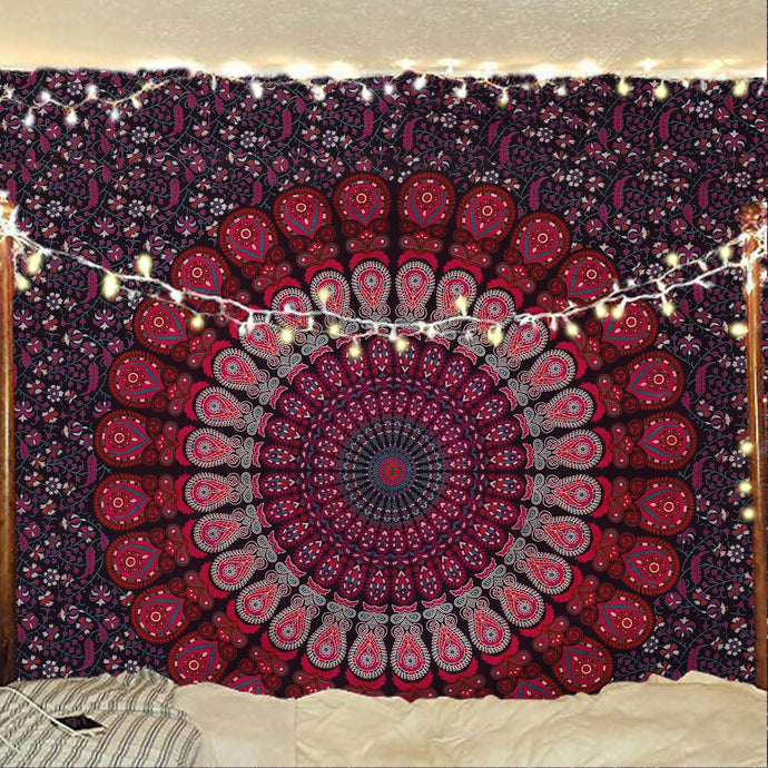 Indian Hippie Bohemian Psychedelic Peacock Mandala Wall Hanging Bedding Tapestry (Purple Pink)