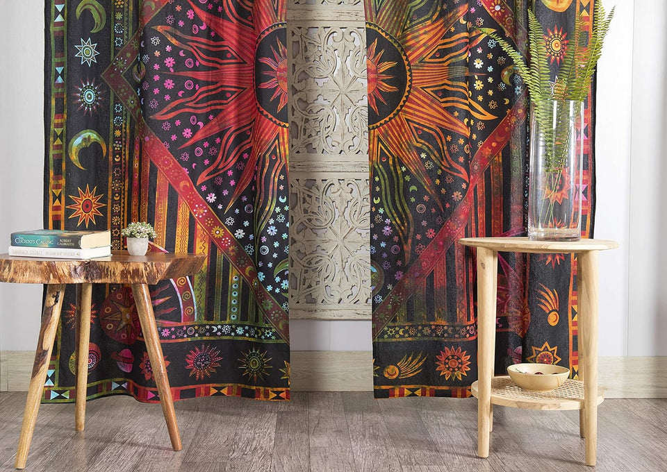 Bless International Beautiful Indian Bohemian Psychedelic Hippie Burning Sun Window Curtain Panels for Bedroom, Living, Balcony (Golden Tie Dye)