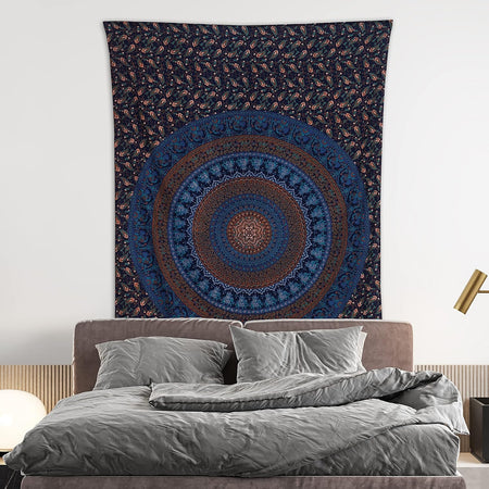 Bless International Indian-hippie-gypsy Bohemian-psychedelic Cotton-mandala Wall-hanging-tapestry-multi-color Large-mandala Hippie-tapestry (Blue Gold)