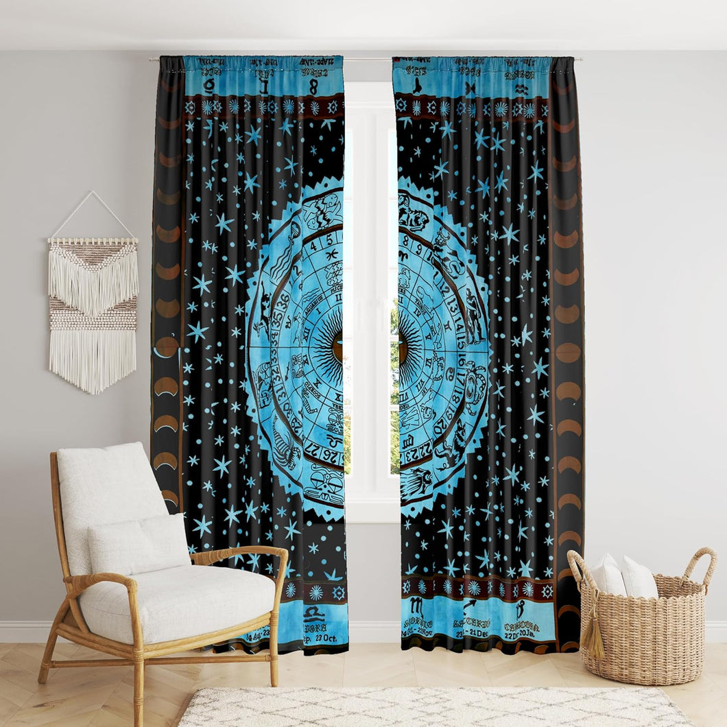 Bless International Beautiful Indian Bohemian Psychedelic Hippie Tie Dye Window Curtain Panels for Bedroom, Living, Balcony (Blue Horoscope (38x83 Inches)(96x210 Cms))