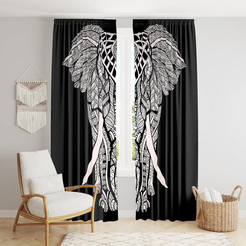 Bless International Beautiful Indian Bohemian Psychedelic Hippie Tie Dye Window Curtain Panels for Bedroom, Living, Balcony (B&W Elephant)