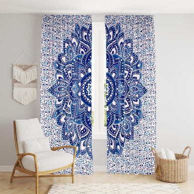 Bless International Beautiful Indian Bohemian Psychedelic Hippie Ombre Window Curtain Panels for Bedroom, Living, Balcony (Blue White Flower (38x83 Inches)(96x210 Cms))