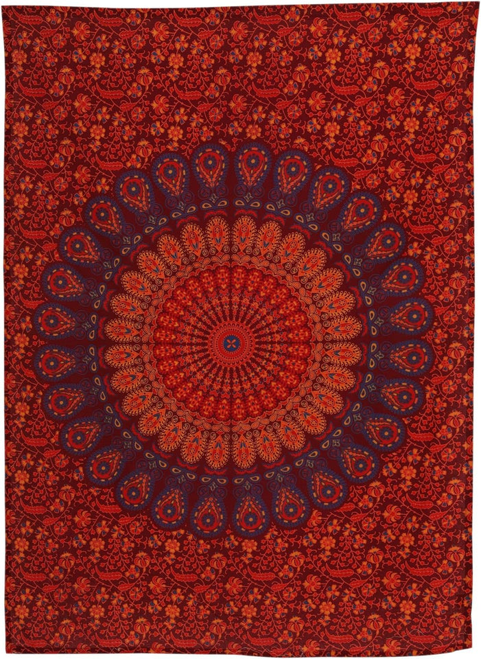 Hippie Bohemian Psychedelic Peacock Mandala Wall Hanging Bedding Tapestry (Golden Brown Maroon)