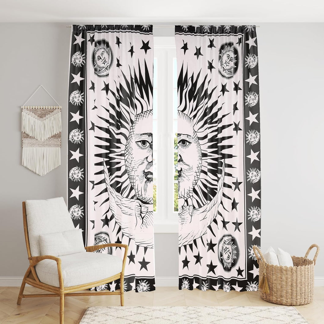 Bless International Beautiful Indian Bohemian Psychedelic Hippie Ombre Window Curtain Panels for Bedroom, Living, Balcony (B&W Sun and Moon (38x83 Inches)(96x210 Cms))