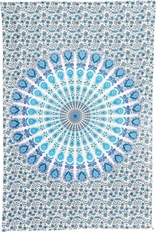 Bless International Handmade Indian hippie Bohemian Psychedelic Peacock Mandala Wall hanging College Dorm Beach Throws Table Cloth Bedding Tapestry (Peacock Sky Blue)