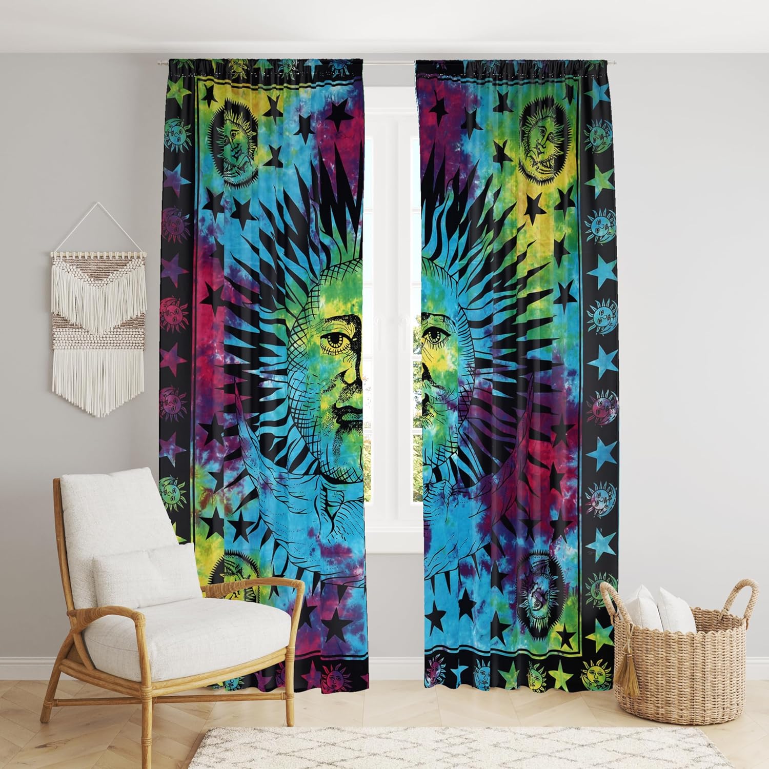 Beautiful Bohemian Psychedelic Hippie Tie Dye Window Curtain Panels for Bedroom, Living, Balcony (Tie Dye Sun & Moon (38x83 Inches)(96x210 Cms))