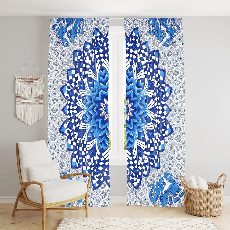 Bless International Beautiful Indian Bohemian Psychedelic Hippie Tree of Life Window Curtain Panels for Bedroom, Living, Balcony (Classic Elephant (38x83 Inches)(96x210 Cms))