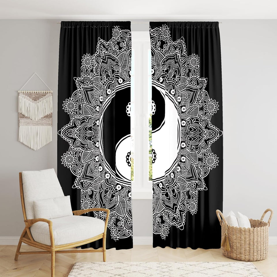 Bless International Beautiful Indian Bohemian Psychedelic Hippie Tie Dye Window Curtain Panels for Bedroom, Living, Balcony (B&W Yin Yang)