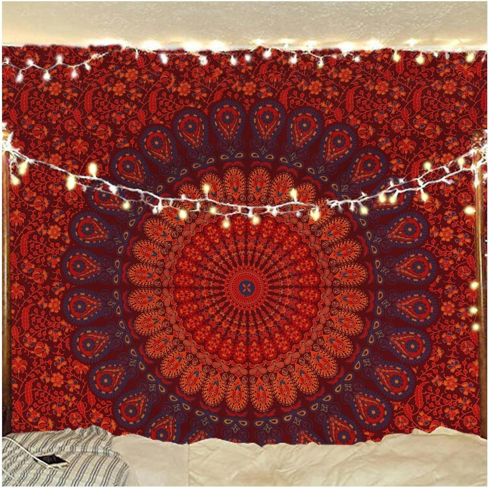 Hippie Bohemian Psychedelic Peacock Mandala Wall Hanging Bedding Tapestry (Golden Brown Maroon)