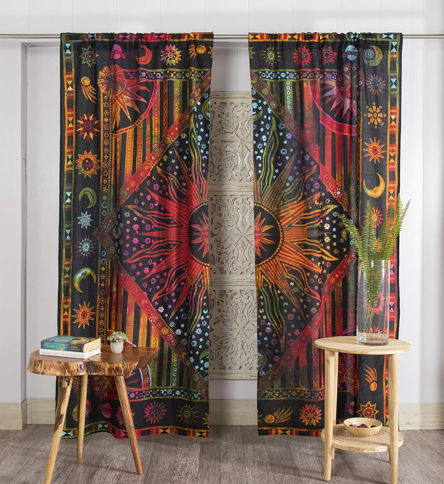 Bless International Beautiful Indian Bohemian Psychedelic Hippie Burning Sun Window Curtain Panels for Bedroom, Living, Balcony (Golden Tie Dye)