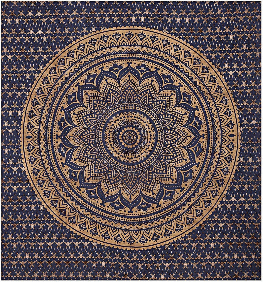 Bless International Indian Traditional Mandala Hippie Wall Hanging, Cotton Tapestry Ombre Bohemian Bedspread ( Blue Gold Ombre)