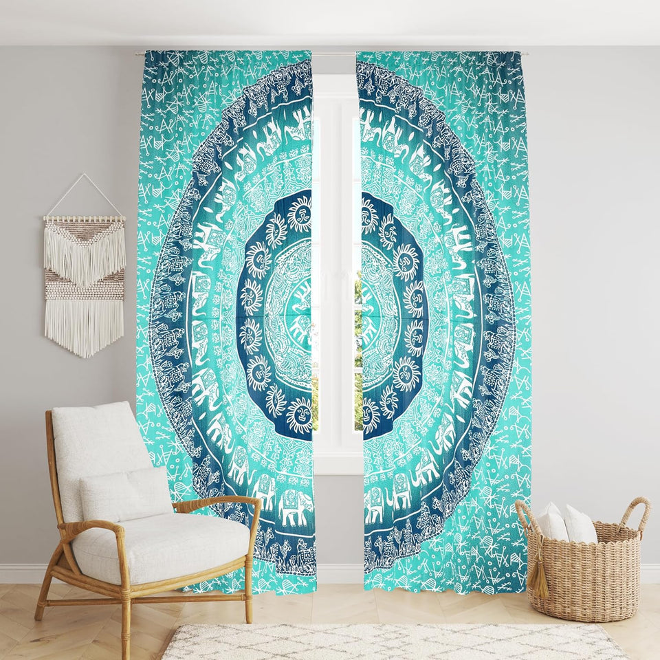 Bless International Beautiful Indian Bohemian Psychedelic Hippie Tree of Life Window Curtain Panels for Bedroom, Living, Balcony (Classic Elephant (38x83 Inches)(96x210 Cms))