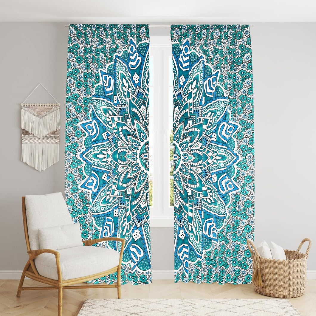 Bless International Beautiful Indian Bohemian Psychedelic Hippie Ombre Window Curtain Panels for Bedroom, Living, Balcony (Green Blue Flower (38x83 Inches)(96x210 Cms))