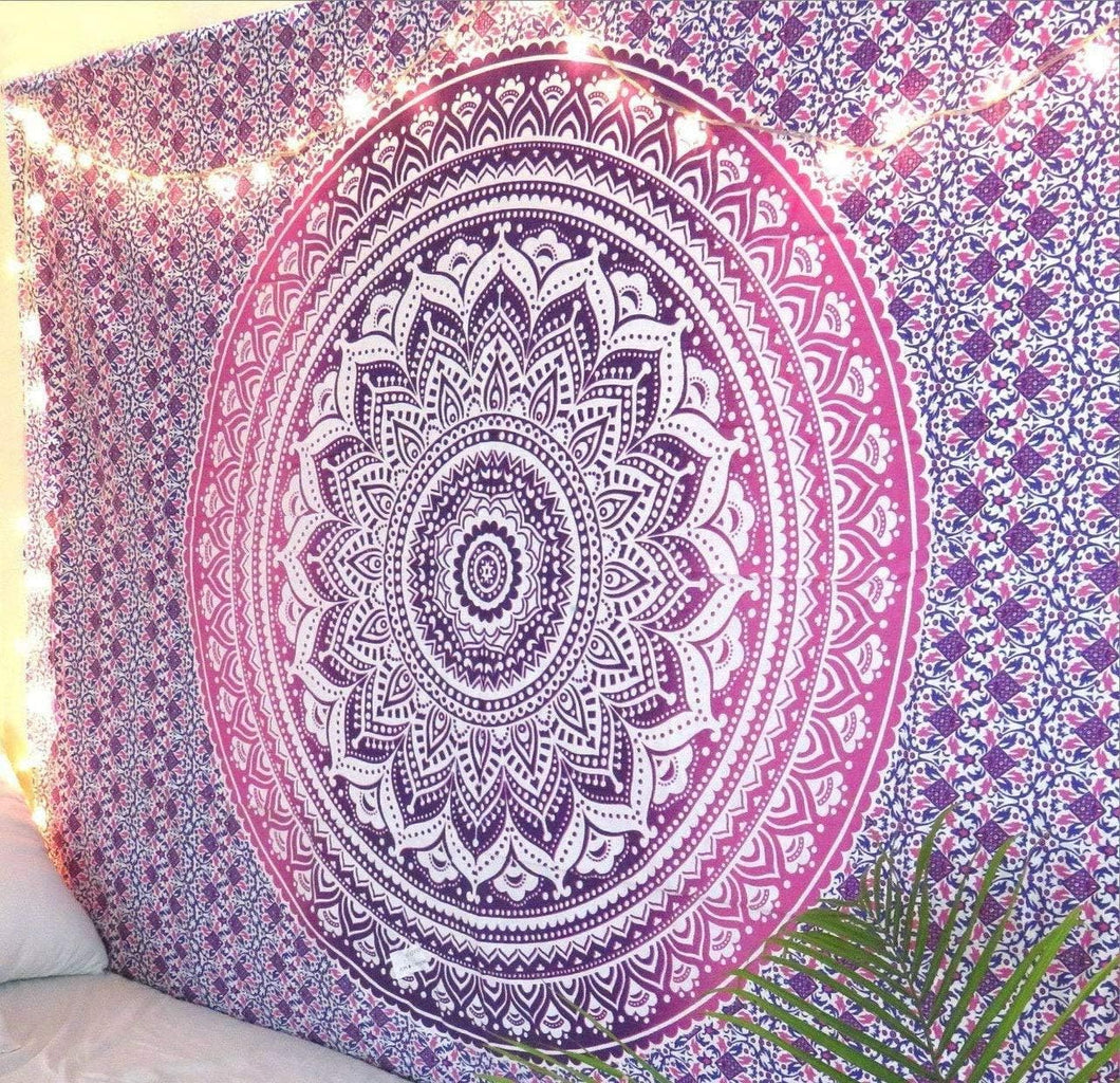 Traditional Mandala Hippie Wall Hanging, Cotton Ombre Tapestry (Pink/White)