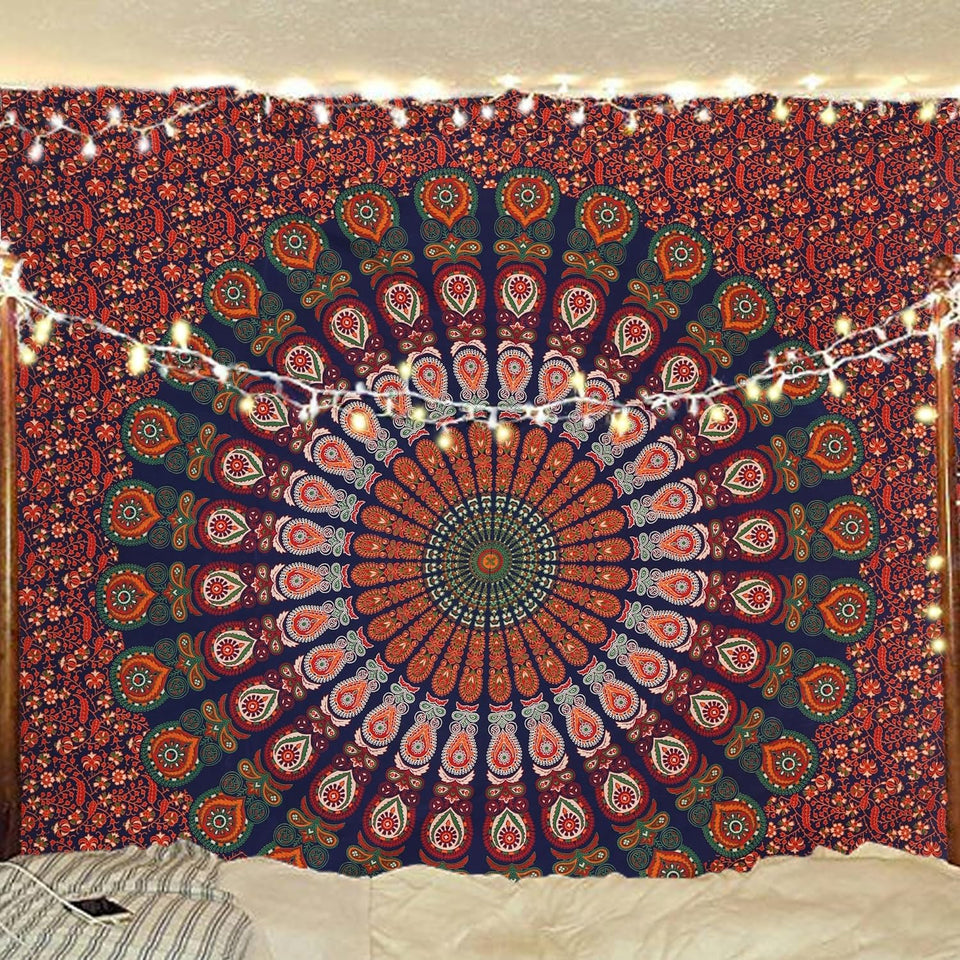 Bless International Indian Hippie Bohemian Psychedelic Peacock Mandala Wall Hanging Bedding Tapestry (Golden Red Green)