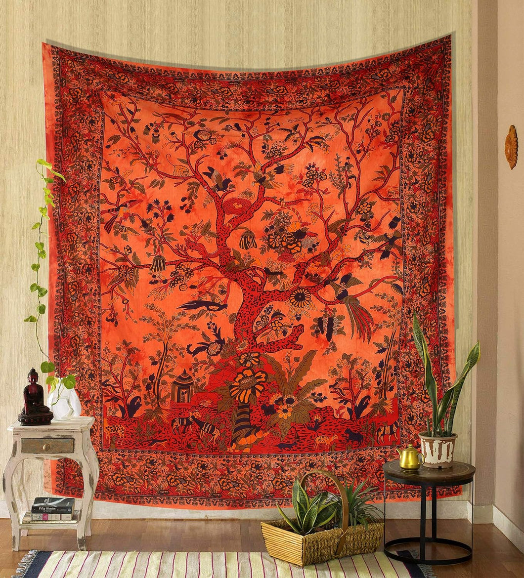 Tree of Life Wall Hanging Psychedelic Tapestry Indian Cotton Bedspread (Orange Tree of Life)