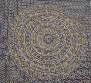 Bless International Handmade Indian hippie Bohemian Psychedelic Elephant Mandala Wall hanging College Dorm Beach Throws Table Cloth Bedding Tapestry (Navy Blue and Gold)