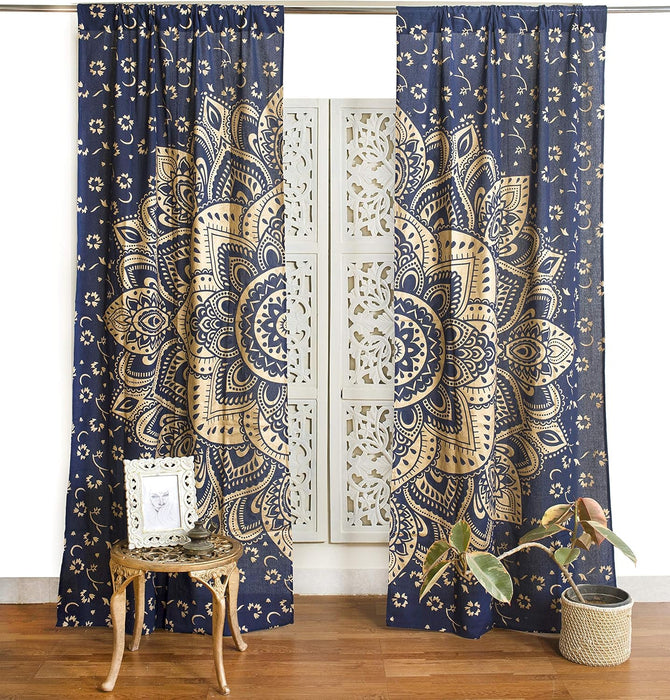 Beautiful Bohemian Psychedelic Hippie Tree of Life Window Curtain (Blue Gold Flower)