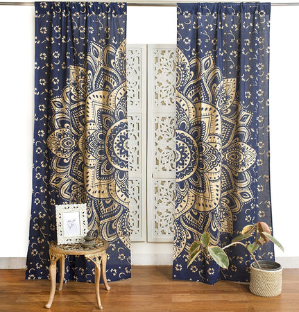 Bless International Beautiful Indian Bohemian Psychedelic Hippie Flower Ombre Window Curtain Panels for Bedroom, Living, Balcony (Blue Gold Flower)