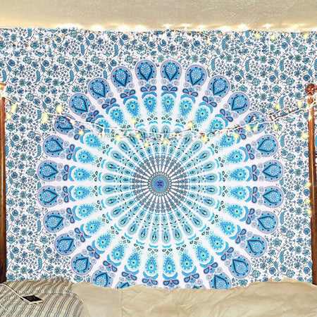 Bless International Handmade Indian hippie Bohemian Psychedelic Peacock Mandala Wall hanging College Dorm Beach Throws Table Cloth Bedding Tapestry (Peacock Sky Blue)