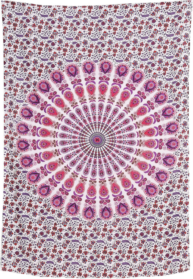 Bless International Handmade Indian hippie Bohemian Psychedelic Peacock Mandala Wall hanging College Dorm Beach Throws Table Cloth Bedding Tapestry (Pink Blue)