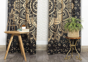 Bless International Beautiful Indian Bohemian Psychedelic Hippie Flower Ombre Window Curtain Panels for Bedroom, Living, Balcony (Black Gold Flower)