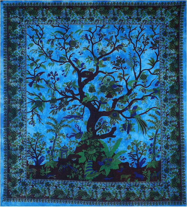 Tree of Life Wall Hanging Psychedelic Tapestry Indian Cotton Bedspread (Turquoise Tree of Life)