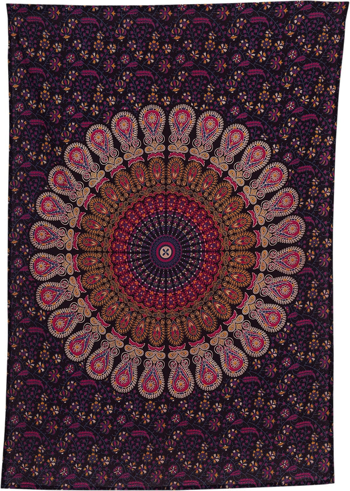 Bless International Indian hippie Bohemian Psychedelic Golden Blue Peacock Mandala Wall hanging Bedding Tapestry(Golden Pink Blue)