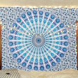 Bless International Handmade Indian hippie Bohemian Psychedelic Peacock Mandala Wall hanging College Dorm Beach Throws Table Cloth Bedding Tapestry (Peacock Sky Blue)