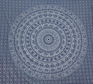 Bless International Handmade Indian hippie Bohemian Psychedelic Elephant Mandala Wall hanging College Dorm Beach Throws Table Cloth Bedding Tapestry (Navy Blue and Silver)