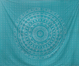 Bless International Handmade Indian hippie Bohemian Psychedelic Elephant Mandala Wall hanging College Dorm Beach Throws Table Cloth Bedding Tapestry (Turquoise Silver)