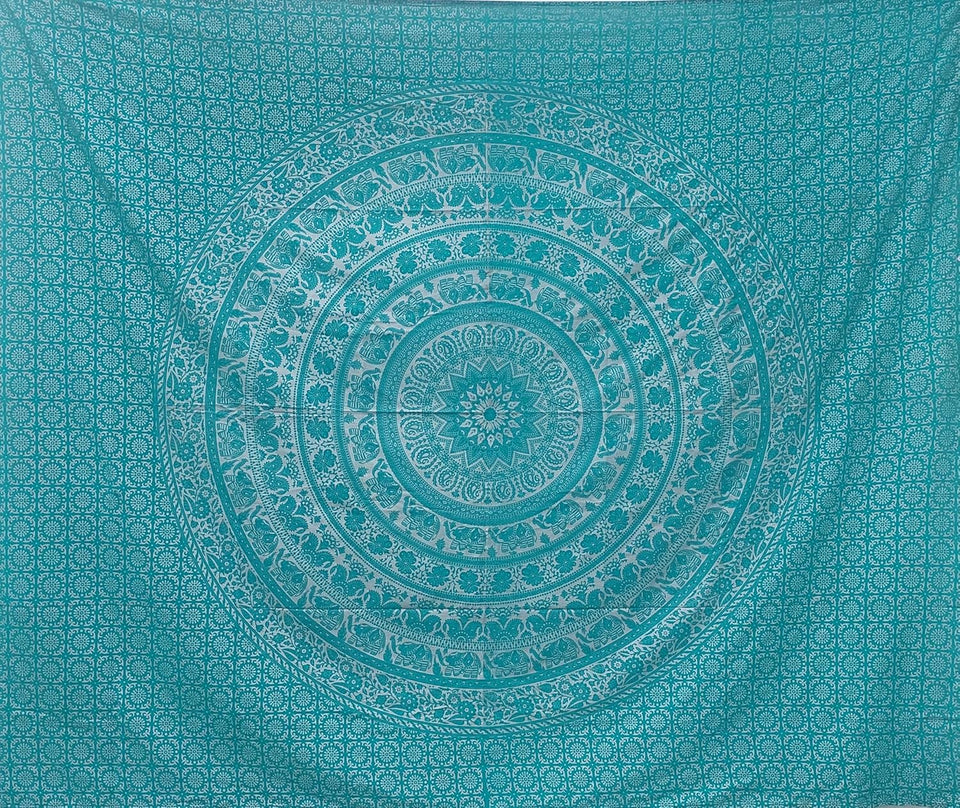 Bless International Handmade Indian hippie Bohemian Psychedelic Elephant Mandala Wall hanging College Dorm Beach Throws Table Cloth Bedding Tapestry (Turquoise Silver)