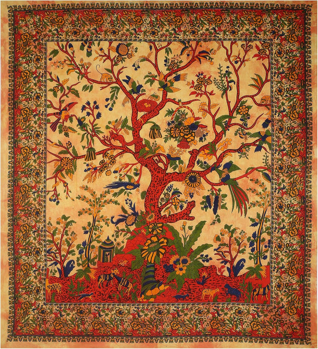 Tree of Life Wall Hanging Psychedelic Tapestry Indian Cotton Bedspread (Yellow Orange Tree of Life)