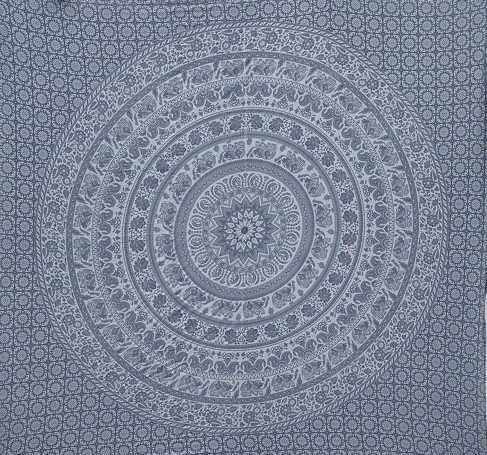 Handmade hippie Bohemian Psychedelic Elephant Mandala Wall hanging Tapestry (Grey & Silver)