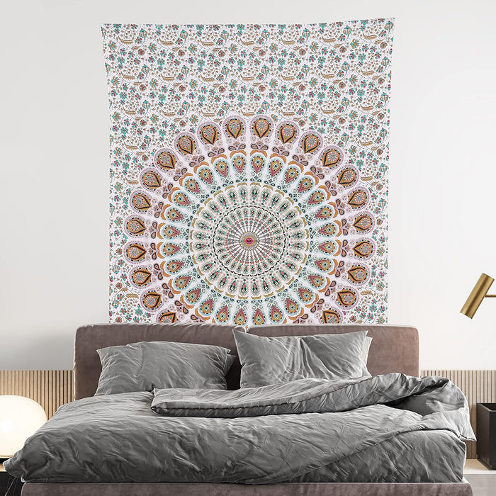 Bless International Indian Hippie Bohemian Psychedelic Peacock Mandala Wall Hanging Bedding Tapestry (Floral Gold)