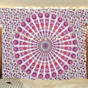 Bless International Handmade Indian hippie Bohemian Psychedelic Peacock Mandala Wall hanging College Dorm Beach Throws Table Cloth Bedding Tapestry (Pink Blue)