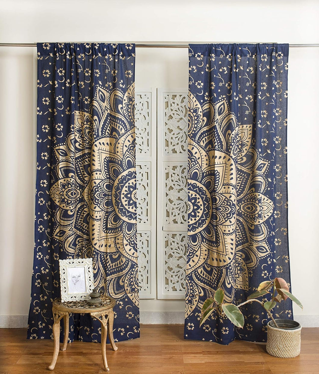 Beautiful Bohemian Psychedelic Hippie Tree of Life Window Curtain (Blue Gold Flower)