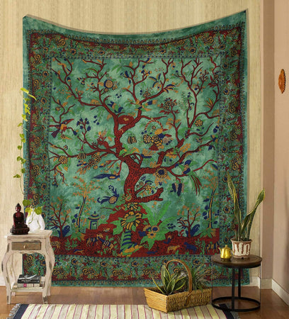 Bless international Tapestry Tree of Life Wall Hanging Psychedelic Tapestries Indian Cotton Bedspread Picnic Sheet Wall Decor Blanket Wall Art Hippie Bedroom Decor (Green Tree of Life)