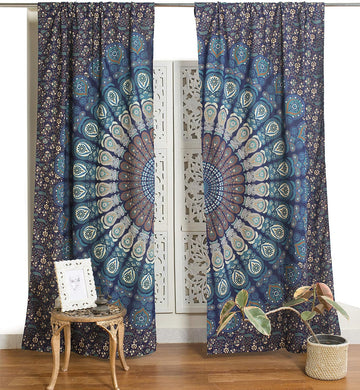 Bless International Beautiful Indian Bohemian Psychedelic Hippie Peacock Mandala Window Curtain Panels for Bedroom, Living, Balcony (Blue Green)