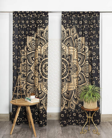 Bless International Beautiful Indian Bohemian Psychedelic Hippie Flower Ombre Window Curtain Panels for Bedroom, Living, Balcony (Black Gold Flower)