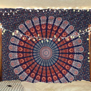 Bless International Indian Hippie Bohemian Psychedelic Peacock Mandala Wall Hanging Bedding Tapestry (Golden Blue White)